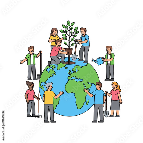 Vibrant 2D flat vector illustration showing a diverse team planting a tiny tree sapling into a stylized Earth globe, emphasizing global environmental responsibility and sustainability.