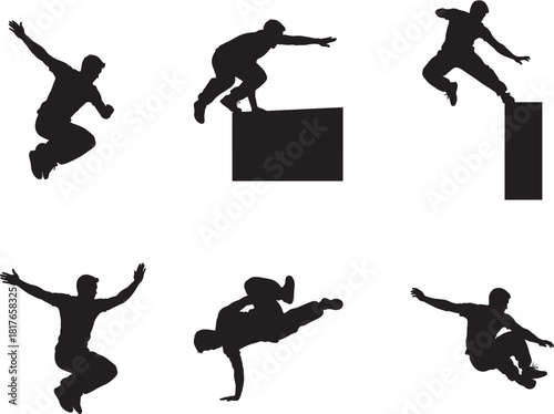 Parkour Men Free Running Jumping Silhouette Vector Set