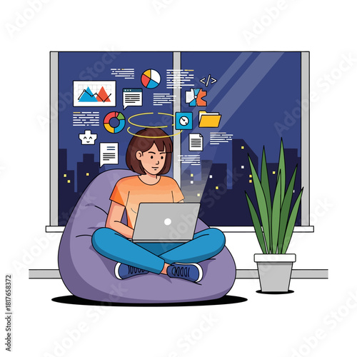 A female software engineer works late at night on her laptop while sitting comfortably in a beanbag chair, surrounded by floating code in this vibrant 2D flat vector illustration.