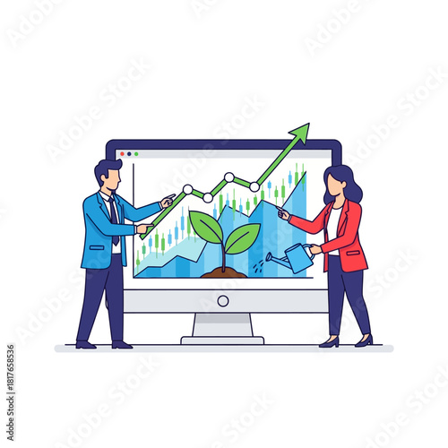 Two business colleagues collaborate in a 2D flat vector illustration, planting a green seedling into a financial growth chart on a computer screen, symbolizing strategic investment planning.