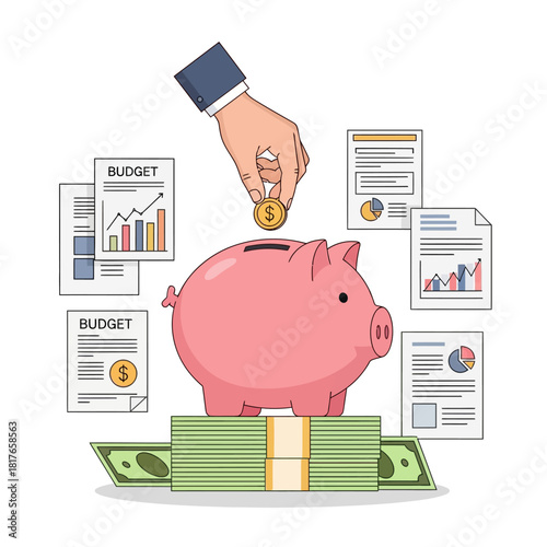 A vibrant 2D flat vector illustration showing a hand placing a coin into a large piggy bank amidst scattered financial graphs, documents, and a stack of cash.