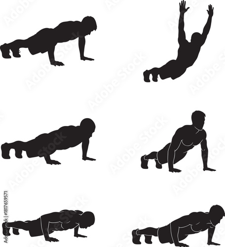 Athletic Man Doing Push Up Workout Silhouette Vector Set