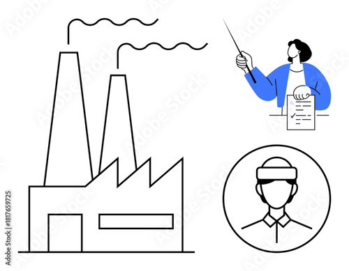 Factory with smokestacks emitting fumes, manager explaining report with pointer, worker in hard hat. Ideal for industry, safety, manufacturing, operations, planning environment teamwork. Simple