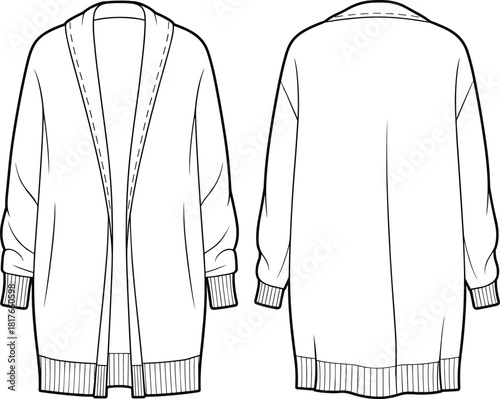 Longline Cardigan Technical Fashion Drawing Vector Illustration of a Women's Oversized Sweater Featuring Shawl Collar, Dropped Shoulders, and Ribbed Cuffs and Hem, Front and Back View.