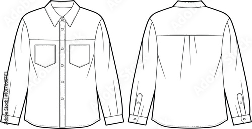 Long-sleeve button-up shirt front and back view, pointed collar, chest pockets, pleated back, fashion sketch, garment template, apparel design, technical illustration