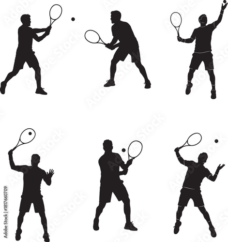 Tennis Player Man Action Poses Silhouette Vector Set
