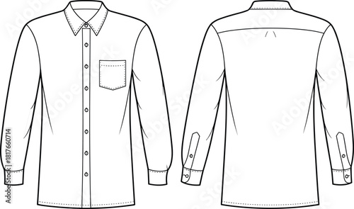 Long-sleeve button-up shirt front and back view, pointed collar, chest pocket, pleated back, fashion sketch, garment template, apparel design, technical illustration