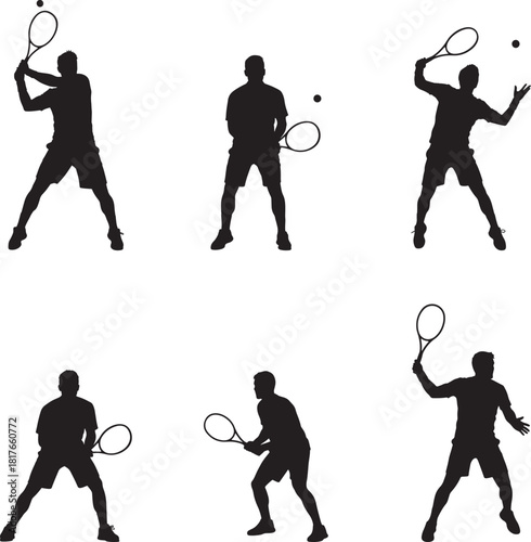 Tennis Player Man Action Poses Silhouette Vector Set
