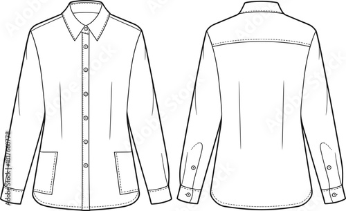 Long-sleeve button-up shirt front and back view, pointed collar, patch pockets, button placket, fashion sketch, garment template, apparel design, technical illustration