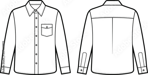 Men's shirt technical drawing, front and back view, fashion illustration, garment sketch, button-up design, pointed collar, chest pocket, apparel template, clothing outline, vector style