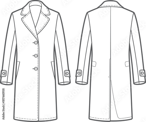 Overcoat technical drawing, front and back view, fashion illustration, garment sketch, notched lapel, patch pockets, button closure, clothing design, apparel template, vector outline