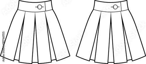 Pleated skirt technical sketch, front view fashion drawing, garment construction detail, sewing pattern layout, waistband button design, clothing illustration template, apparel blueprint