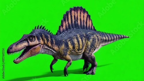 A spinosaurus with a large sail on its back walking on a green screen background image view dinosaur green screen video