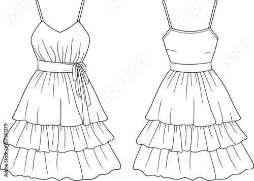 Set of women's apparel technical flat sketches, showing retro dress, summer sundress, and intimate lingerie, bra, and panties, isolated vector illustration for fashion design.