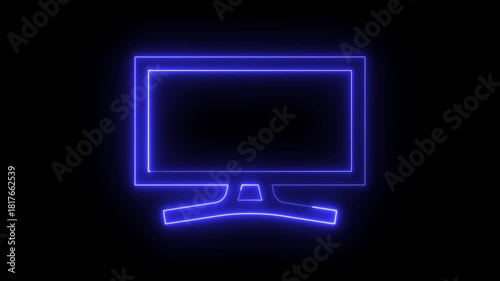 Neon smart tv with remote connection on dark background. equipment, glowing, graphic, high technology, icon, icon symbol, innovation, laptop, lcd, light, line