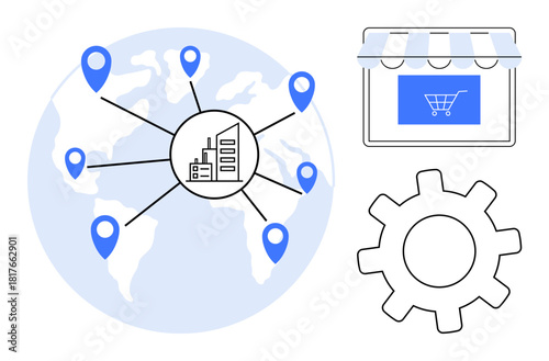 Global map with location pins connecting to a central hub, e-commerce storefront, and gear. Ideal for logistics, e-commerce, globalization, supply chain, networking, operations scalable system
