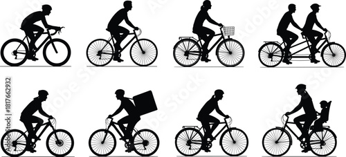 Bicyclist silhouette vector set showing different riders, including commuters, delivery service, sport racers, leisure cyclists, tandem riders, and families riding bikes