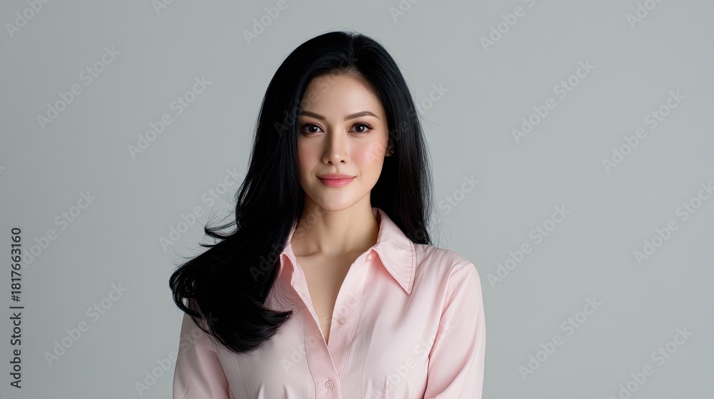 Obraz premium Elegant young woman with long black hair wearing light pink shirt against neutral background, exuding confidence and grace in a professional setting