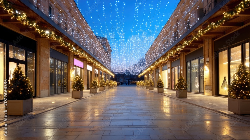 Fototapeta premium Beautiful Winter Shopping Street Decorated with Twinkling Lights and Christmas Trees Under a Clear Blue Sky at Dusk