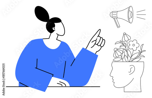 Woman gesturing with raised finger, megaphone representing communication, flowers in head symbolizing creativity. Ideal for brainstorming, innovation, self-expression, communication, leadership