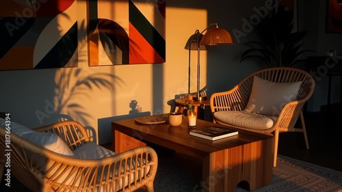 Cozy living room bathed in golden sunlight creates a warm, inviting atmosphere perfect for relaxation and peaceful moments in this charming home