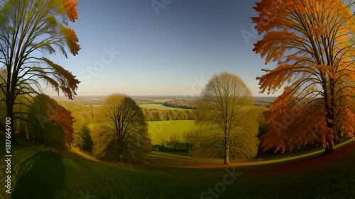 Breathtaking panoramic view of lush green countryside at golden hour, serene nature scene for travel and landscape videos, peaceful and calm