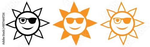 Cool smiling sun icons for summertime designs and vacation themes,Hand drawn Sun.Set of Sun icon.Sun wearing sunglasses. Solar icon.Sun icon set.Cute smiling sun icon.sun star icons collection.Summer