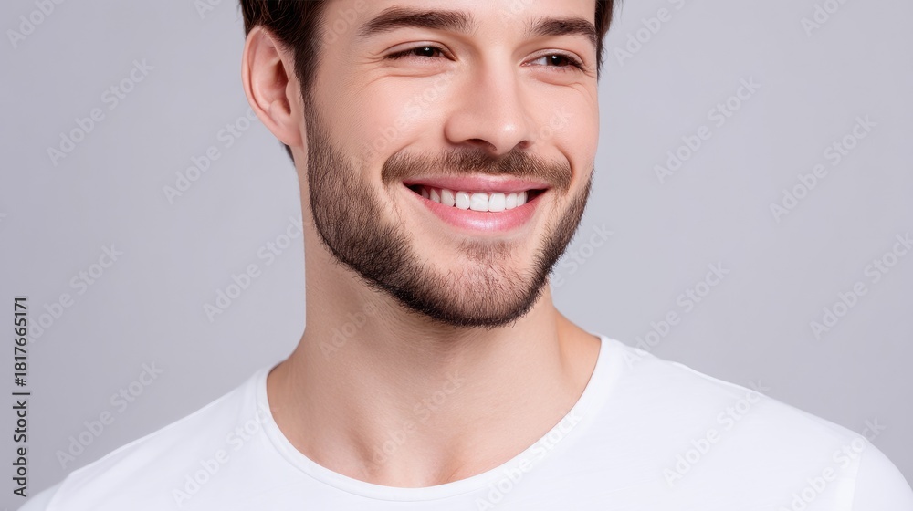 Obraz premium Smiling young man with a clean appearance against a soft gray background, showcasing confidence and positivity in a casual white shirt for lifestyle imagery