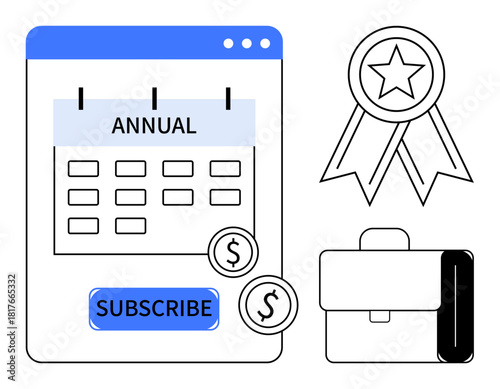 Calendar marked Annual with a subscription button, ribbon badge, coins, and briefcase. Ideal for payment plans, membership, business strategy, rewards, financial planning success simple flat