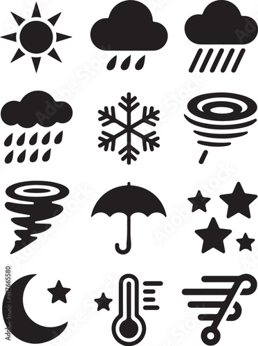 Weather forecast icons predicting storm and sunshine
