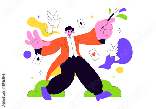 Magician Vector Illustration with Illusionist Conjuring Tricks and Waving a Magic Wand above his Mysterious Hat on a Stage in Flat Cartoon Background