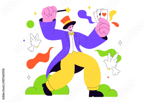 Magician Vector Illustration with Illusionist Conjuring Tricks and Waving a Magic Wand above his Mysterious Hat on a Stage in Flat Cartoon Background
