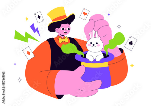 Magician Vector Illustration with Illusionist Conjuring Tricks and Waving a Magic Wand above his Mysterious Hat on a Stage in Flat Cartoon Background