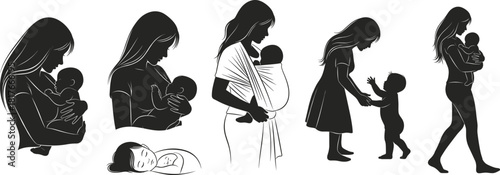Mother and baby silhouette vector set showcasing nurturing bond, breastfeeding, carrying in a sling, bonding moments, early development, and maternal care
