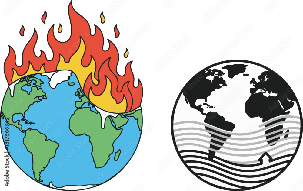Naklejka premium Colorful Burning Earth and Monochrome Globe with Wavy Water Lines