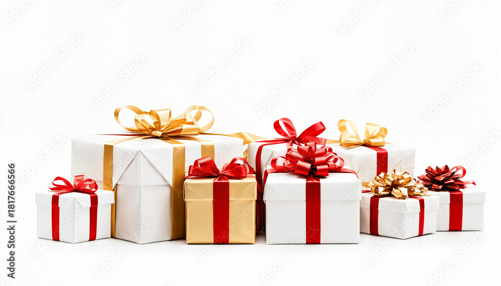 Fototapeta premium various sized gift boxes with red and gold ribbons