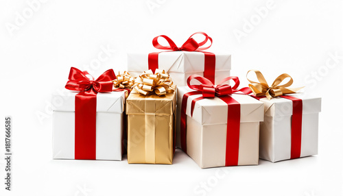 stack of christmas gifts with contrasting red and gold decorative bows
