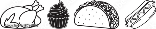 Black and White Outline Food Icons Collection on White Background