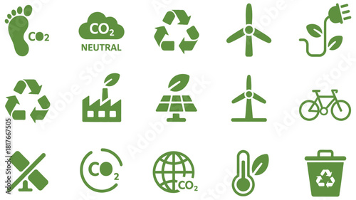 vector illustration of collection of green ecofriendly icons for sustainability and environmental protection on a transparent background, ideal for ecological presentations, corporate sustainability.