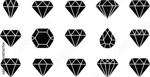 Vector diamond icon set featuring black silhouettes of gemstone shapes, including brilliant cut, teardrop, hexagon, and various geometric facets for jewelry design