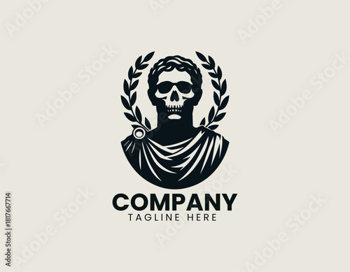 Striking black skull portrait wearing an ancient Roman toga and majestic laurel wreath emblem.