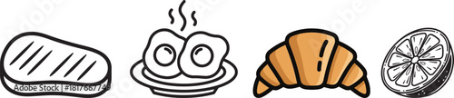 Simple Hand-Drawn Food Icons with Steak, Eggs, Croissant, and Lemon
