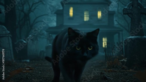 A black cat sits in a misty graveyard, with an old house in the background