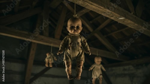 Worn baby dolls hanging from attic rafters