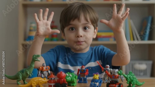 Young boy playing with colorful toys