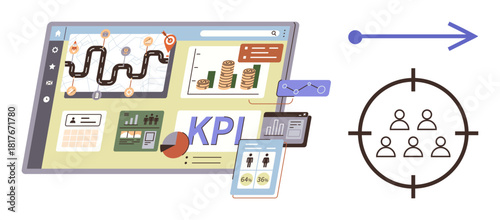 Interactive dashboard visualizing KPI metrics, growth charts, and user data alongside an arrow and target audience symbol. Ideal for market research, business goals, marketing, strategy, analytics