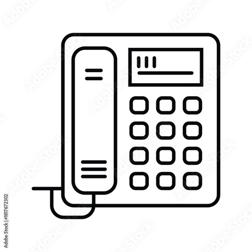 A simple black outline showcases a vintage landline phone with buttons on white background