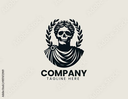 Striking black skull portrait wearing an ancient Roman toga and majestic laurel wreath emblem.