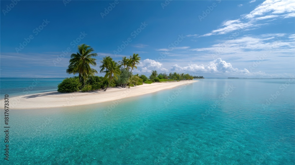 Fototapeta premium Serene Tropical Island Paradise with Clear Blue Waters, Lush Palm Trees, and Soft Sandy Beach Under a Bright Sunny Sky