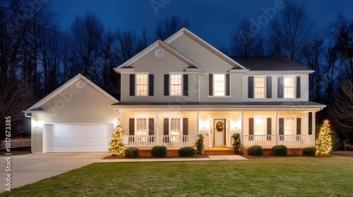 Wallpaper Mural Warm and Inviting Family Home with Holiday Decorations Illuminated at Dusk in a Serene Neighborhood Setting Torontodigital.ca